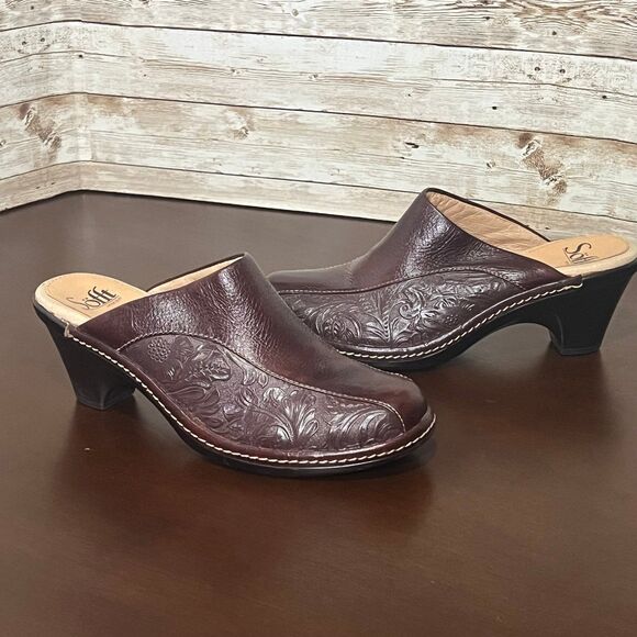 Sofft London Women's Brown Tooled Leather Mules Clogs Shoes 7M‎ Style# 1009450 - Picture 1 of 5
